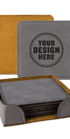Personalwine Custom Engraved Coaster Set of 6 with holder; gray leather, brown underside, one says Your Design Here.