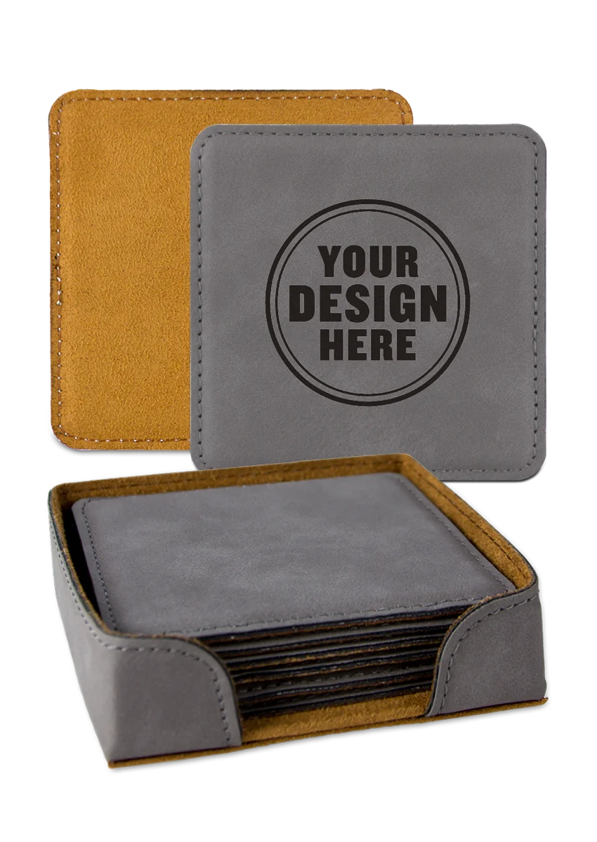 Personalwine Custom Engraved Coaster Set of 6 with holder; gray leather, brown underside, one says Your Design Here.