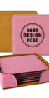 Personalwine Custom Engraved Coaster Set of 6 with holder—pink square coasters, brown edges, your design in bold black.