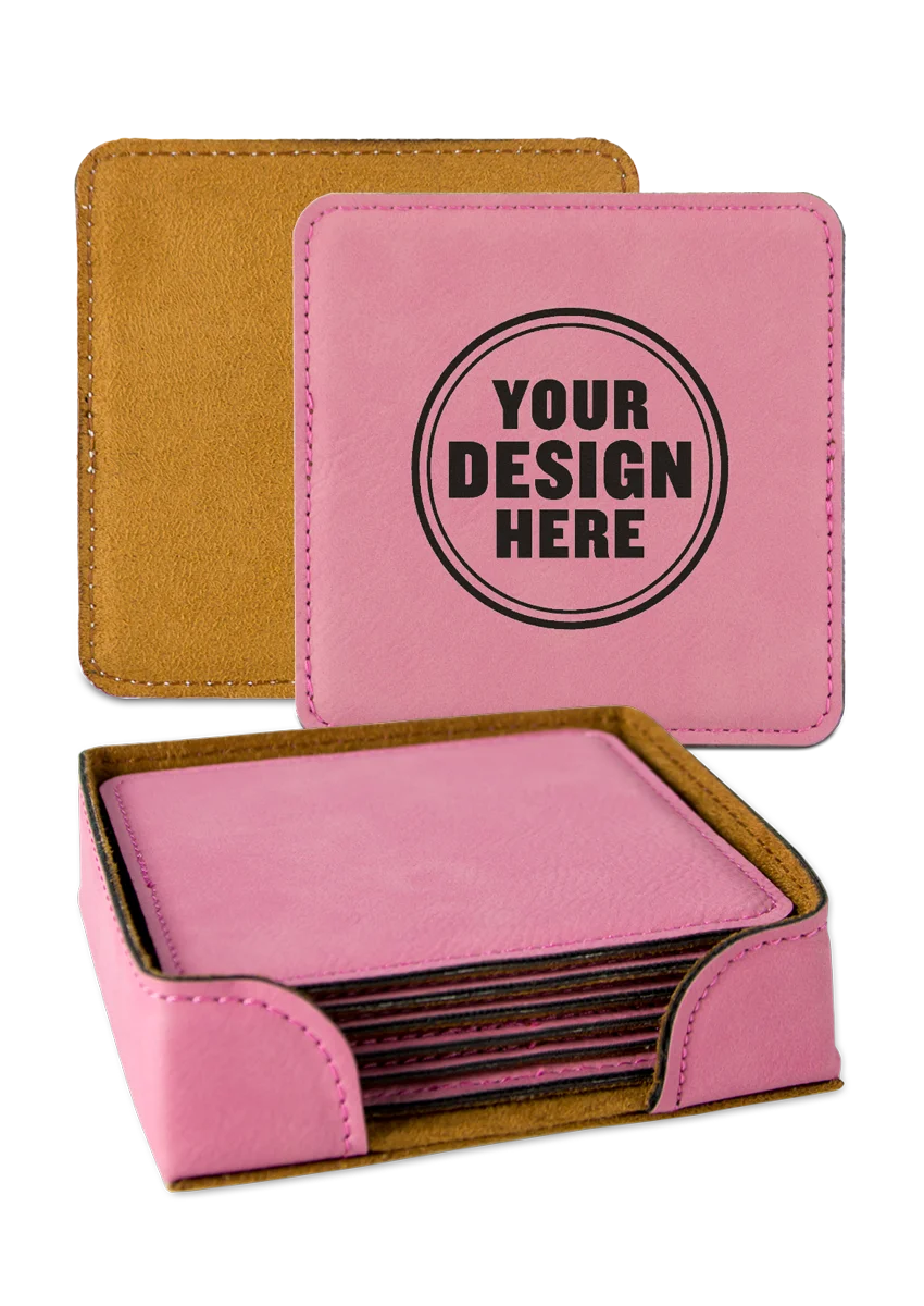 Personalwine Custom Engraved Coaster Set of 6 with holder—pink square coasters, brown edges, your design in bold black.