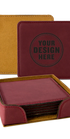 Personalwine Custom Engraved Coaster Set of 6 in maroon, holder included—one shows YOUR DESIGN HERE in black text.