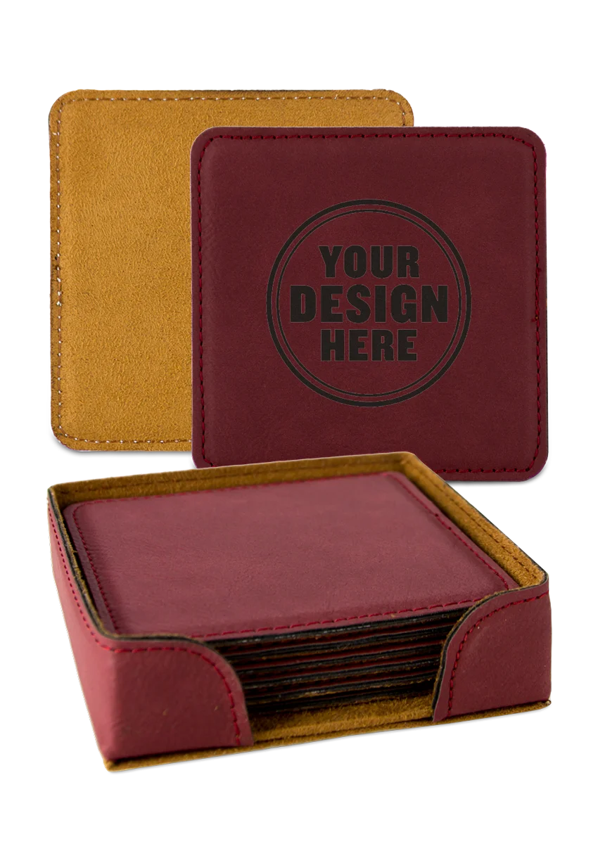 Personalwine Custom Engraved Coaster Set of 6 in maroon, holder included—one shows YOUR DESIGN HERE in black text.