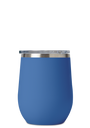 A blue insulated wine tumbler with a clear lid displayed on a white background.