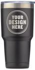Personalwine Custom Engraved 30 oz Insulated Tumbler, black with clear lid, featuring YOUR DESIGN HERE circular logo.