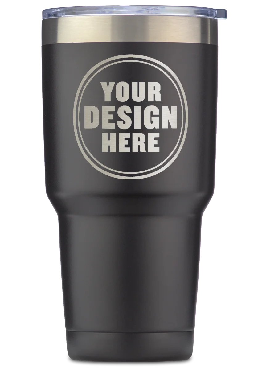 Personalwine Custom Engraved 30 oz Insulated Tumbler, black with clear lid, featuring YOUR DESIGN HERE circular logo.