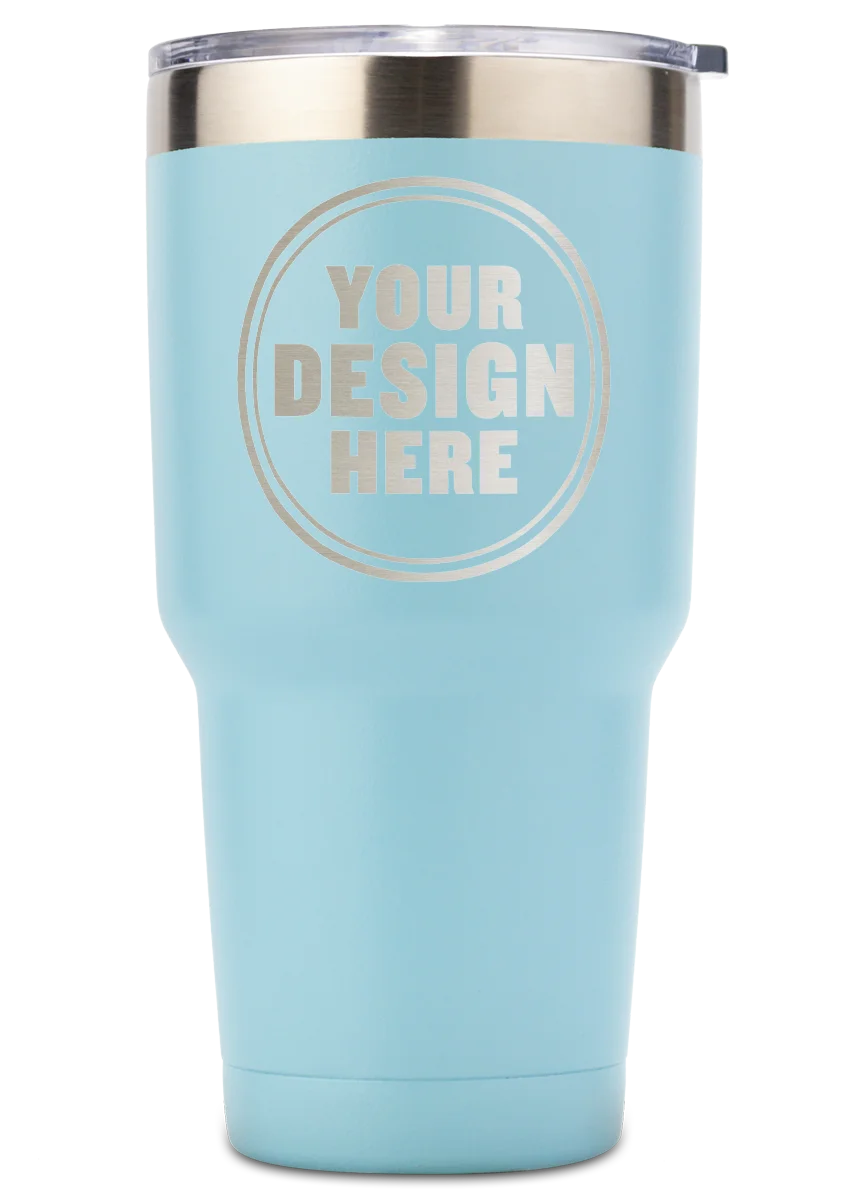 Personalwine Custom Engraved 30 oz Insulated Tumbler, light blue with metal lid and silver Your Design Here on front.