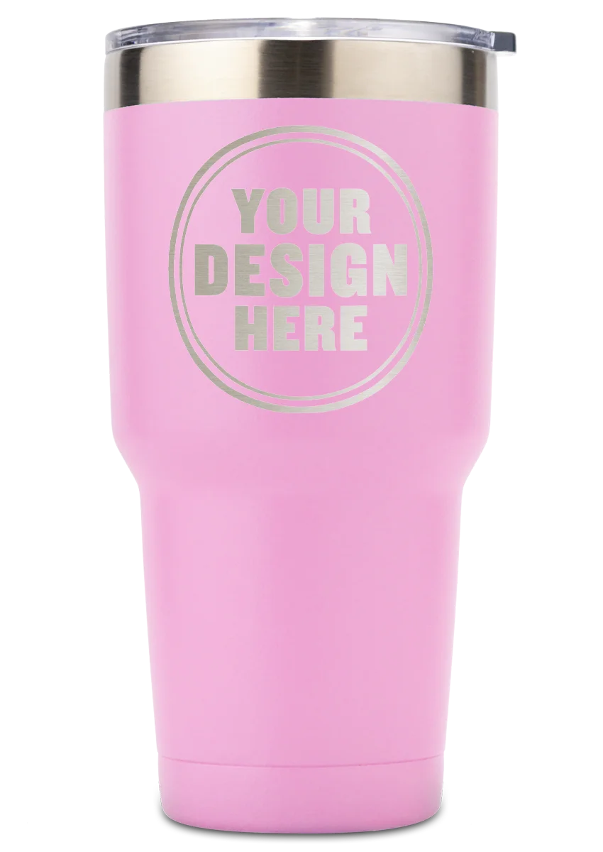 Personalwine Custom Engraved 30 oz Insulated Tumbler, pink, clear lid, YOUR DESIGN HERE in a circle on front.