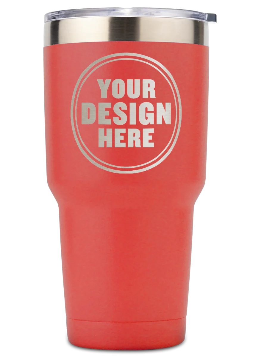 Personalwine Custom Engraved 30 oz Insulated Tumbler, red, with Your Design Here circle motif & clear lid included.