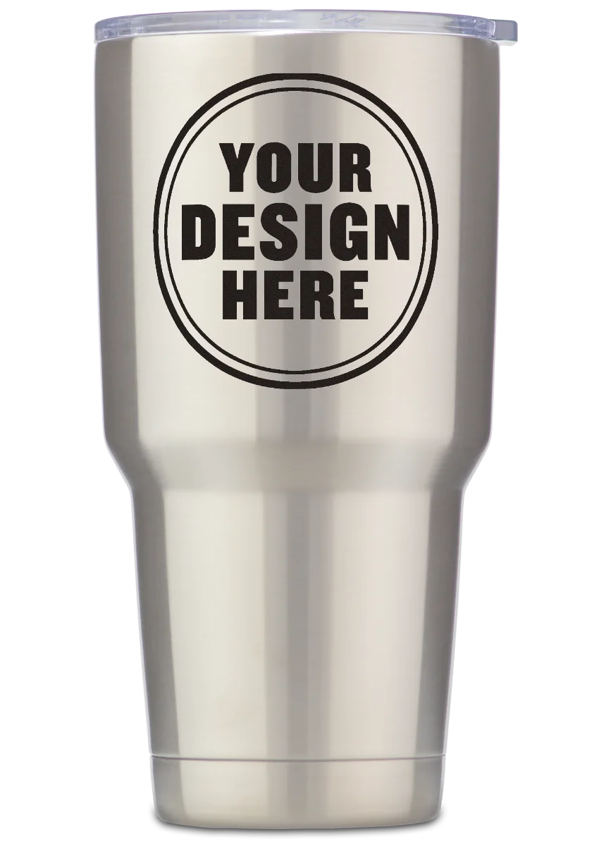 Personalwine Custom Engraved 30 oz Insulated Tumbler with clear lid and “YOUR DESIGN HERE” circle on the front.