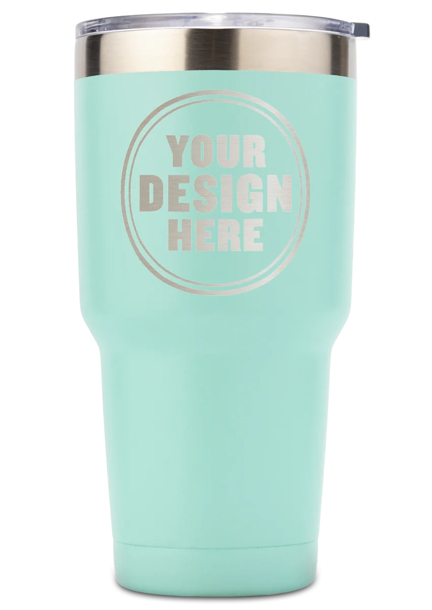 Personalwine Custom Engraved 30 oz Insulated Tumbler, mint green, clear lid, circle Your Design Here on front.