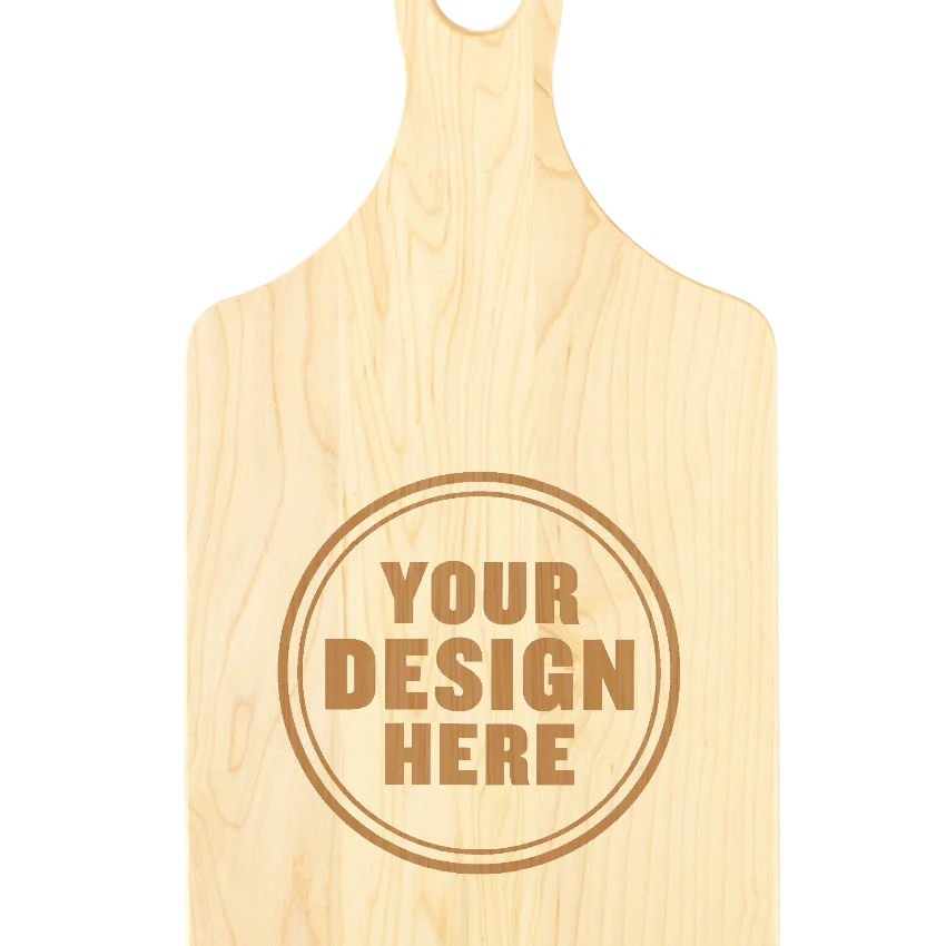 Personalwine Custom Engraved Serving Board w/Handle - Maple, personalized with your design in a circle on light wood.