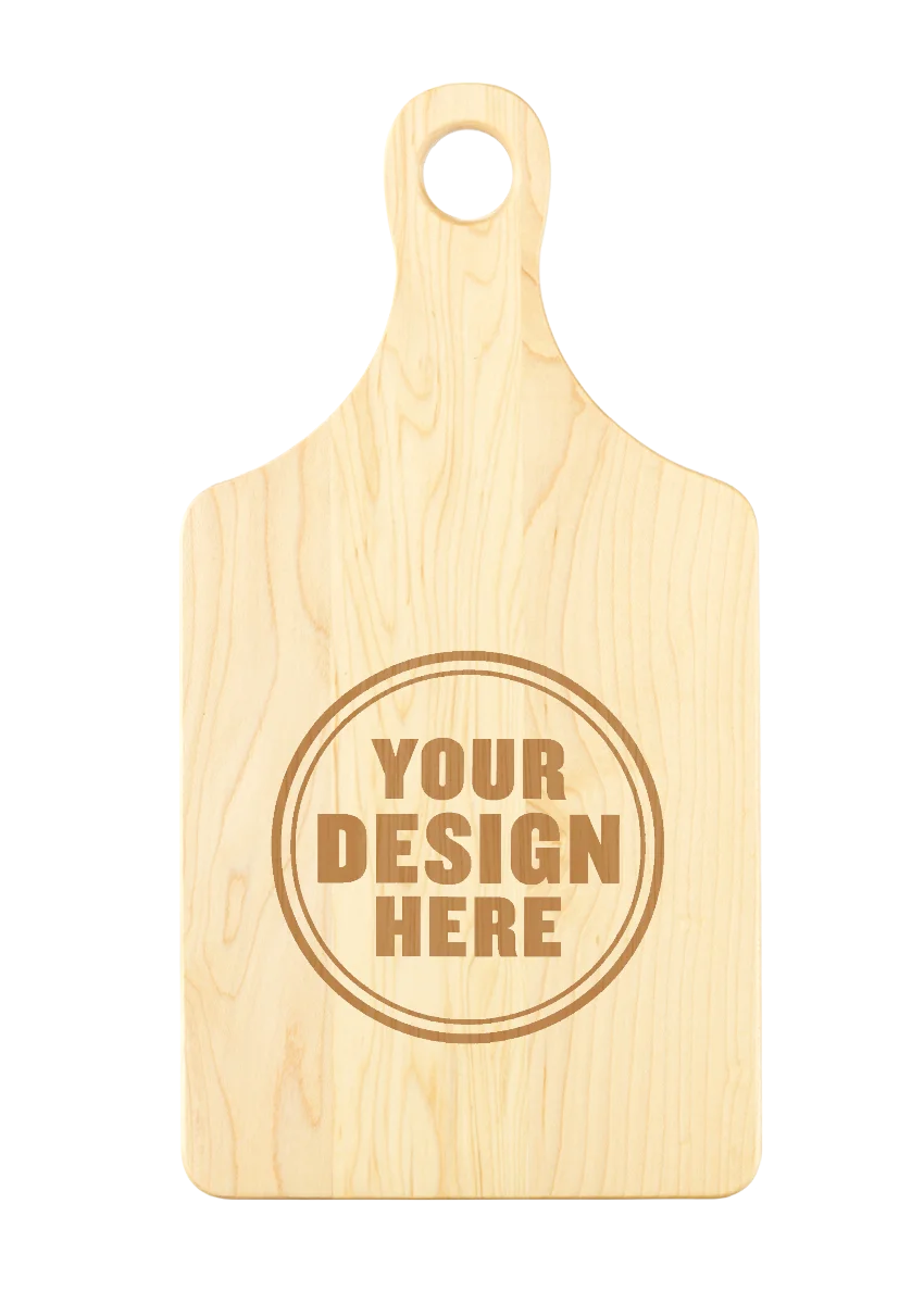 Personalwine Custom Engraved Serving Board w/Handle - Maple, personalized with your design in a circle on light wood.