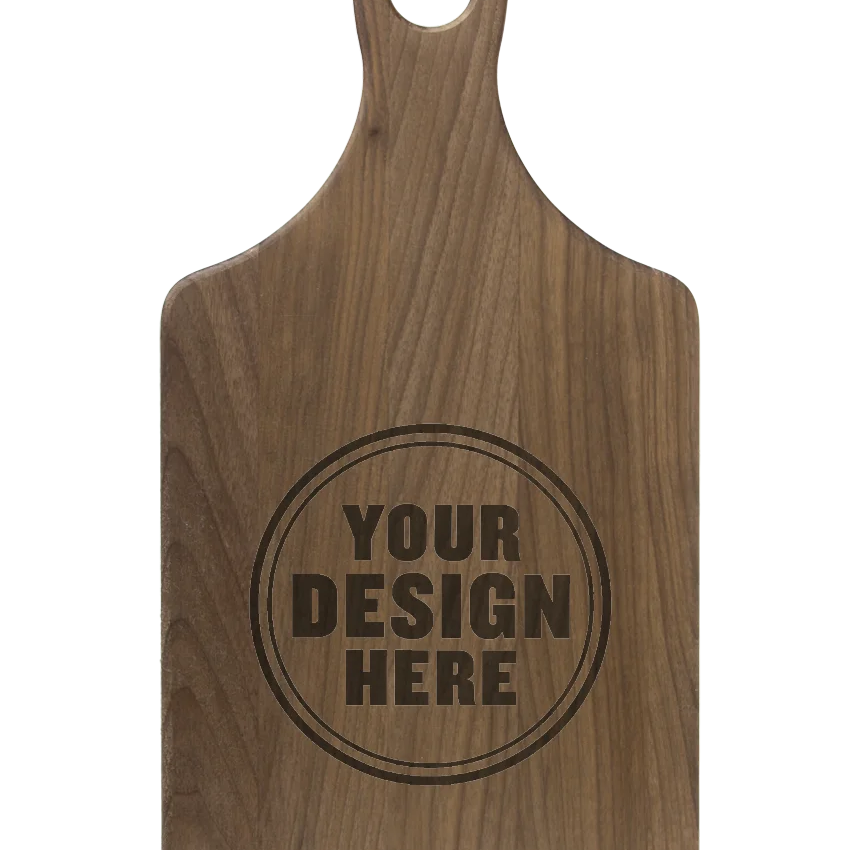 Personalwine Custom Engraved Serving Board w/Handle - Walnut, featuring YOUR DESIGN HERE circular stamp.