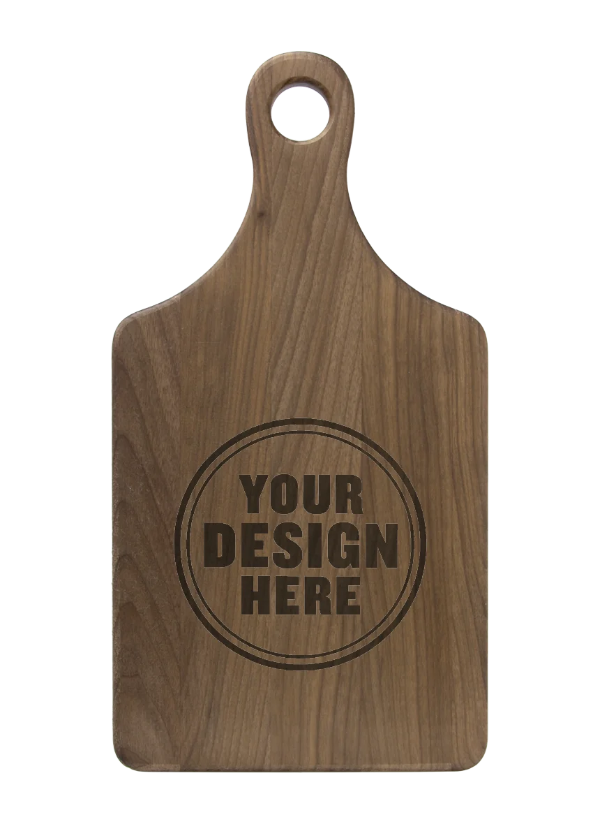 Personalwine Custom Engraved Serving Board w/Handle - Walnut, featuring YOUR DESIGN HERE circular stamp.