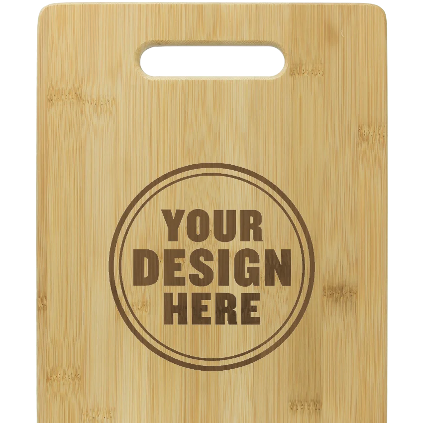 Personalwine Custom Engraved Serving Board - Bamboo with handle and “YOUR DESIGN HERE” engraved in a circle at center.