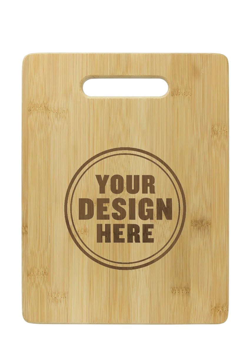 Personalwine Custom Engraved Serving Board - Bamboo with handle and “YOUR DESIGN HERE” engraved in a circle at center.