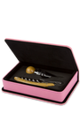 Pink wine opener kit with wooden-handled tools arranged inside a box, some tools feature engraved details.