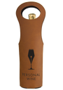 Brown leatherette wine bag with a wine glass icon; top of a wine bottle is visible peeking out.