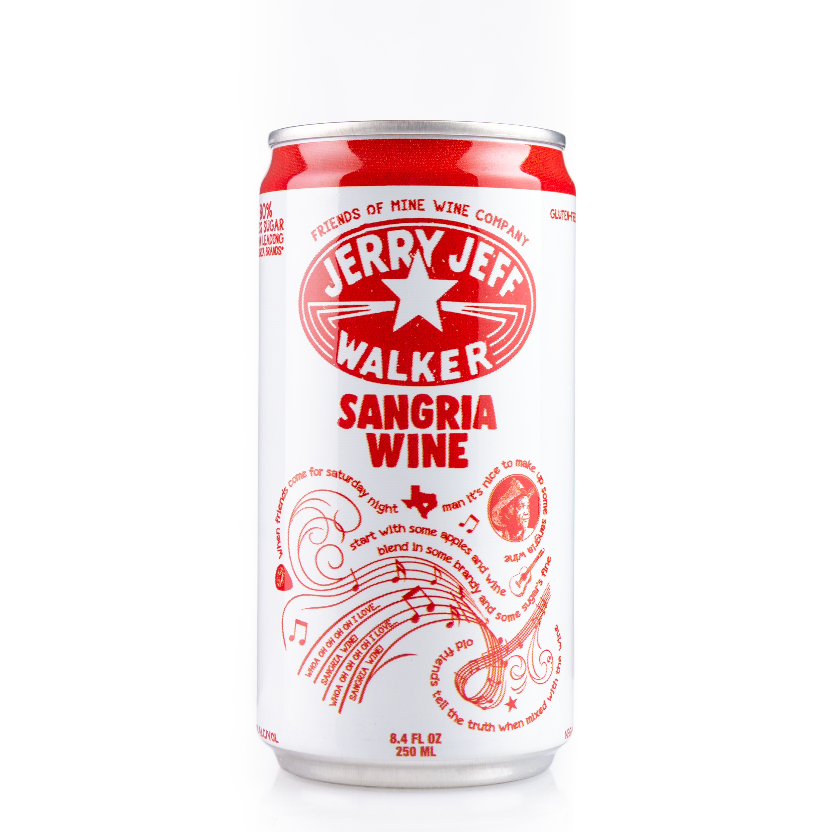 A 8.4 fl oz (250 ml) can of JJWSangria Jerry Jeff Walker Sangria Wine with a red & white musical design.