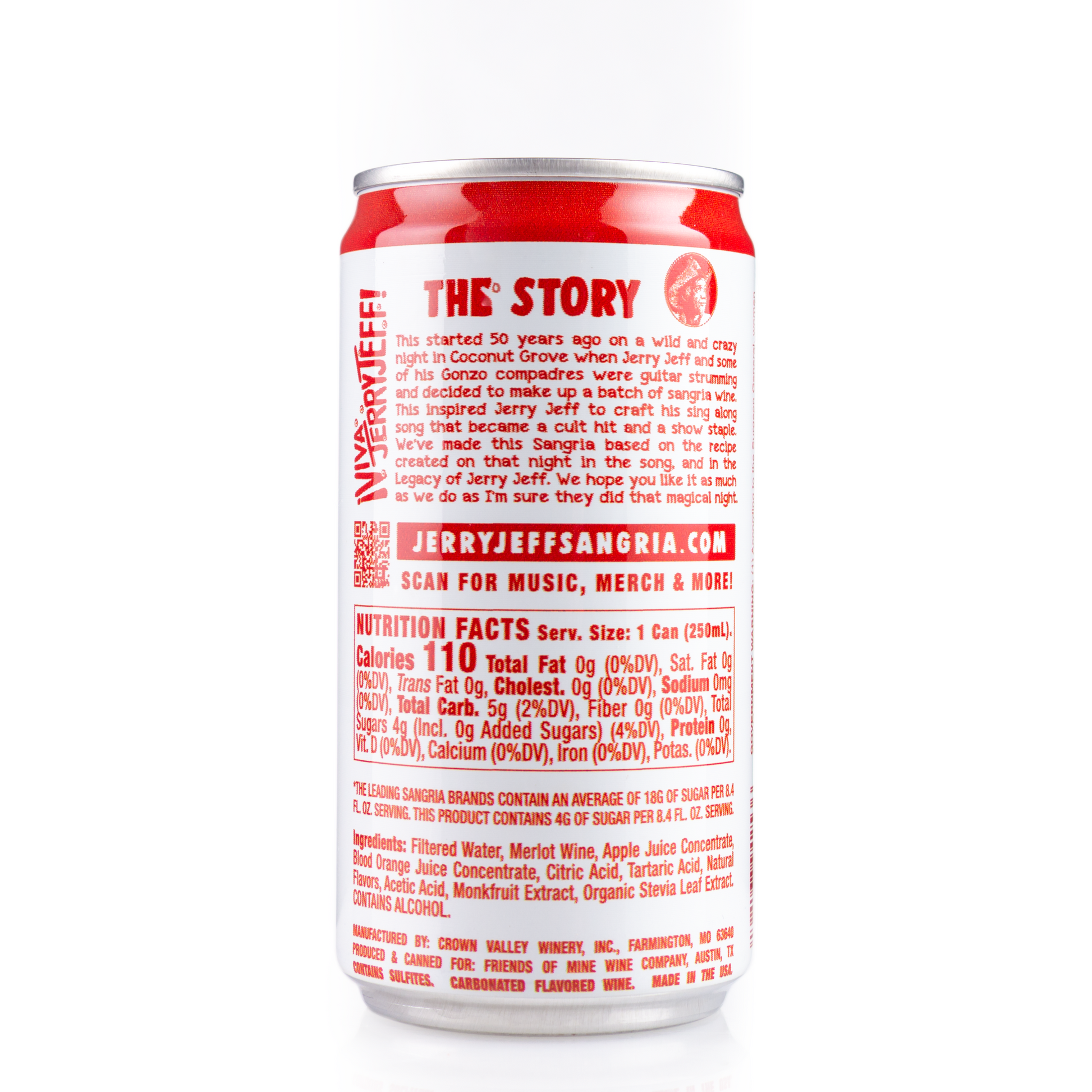 A red and white can of JJWSangria Jerry Jeff Walker Sangria Wine, with nutrition info and a story on the back.