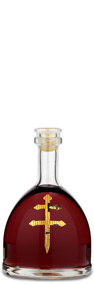 A bottle of Dusse VSOP Cognac with dark amber liquid and a gold crossed-swords logo, on a plain background.