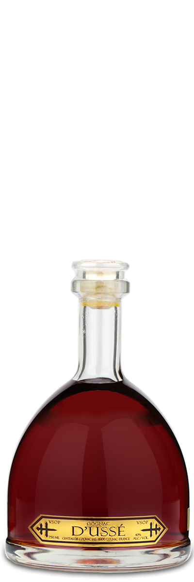 Round Dusse VSOP Cognac bottle with gold label, clear glass stopper, and dark amber liquid.