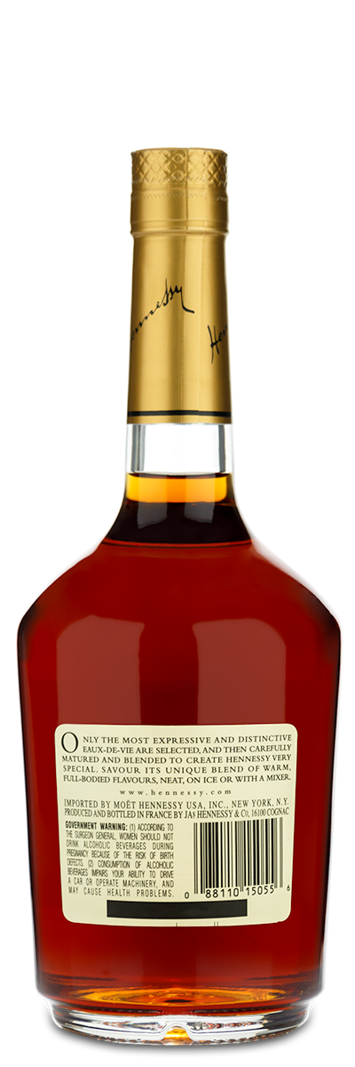 A Hennessy VS Cognac bottle with a gold cap and custom engraved label on the back.