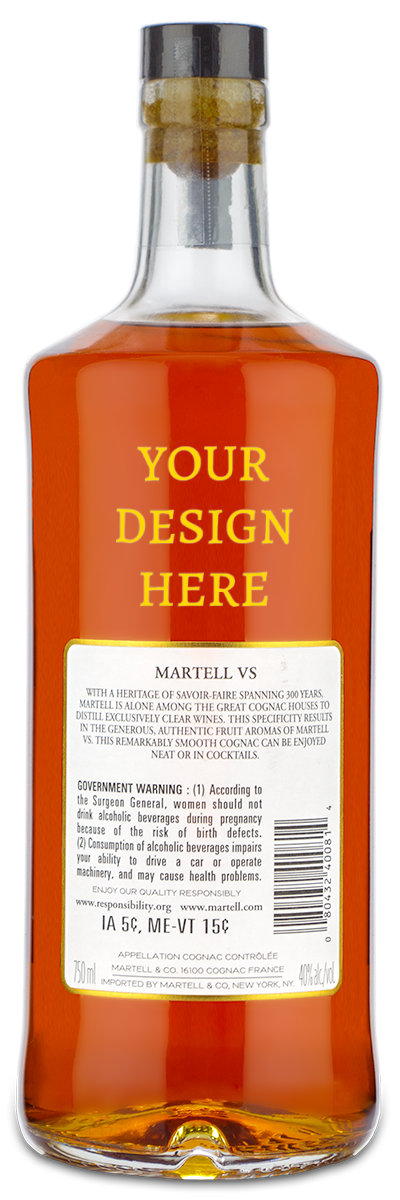 A bottle of Martell VS Cognac with a yellow label that reads Your Design Here for customization.