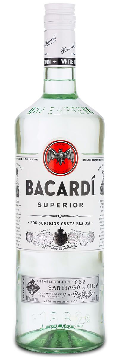 A clear bottle of Bacardi Superior White Rum with a custom wine label, red bat logo, and black text.