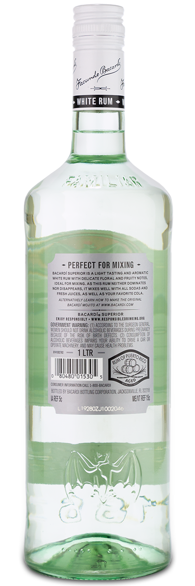 A clear 1L Bacardi Superior White Rum bottle with a custom engraved label, shown from the back on a white background.