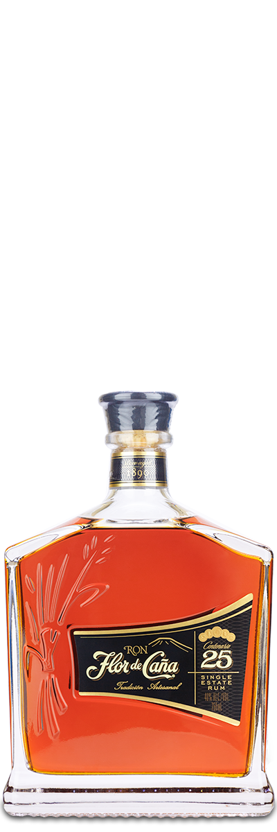 FlordeCana 25 Year Rum bottle with amber liquid and a black and gold label.
