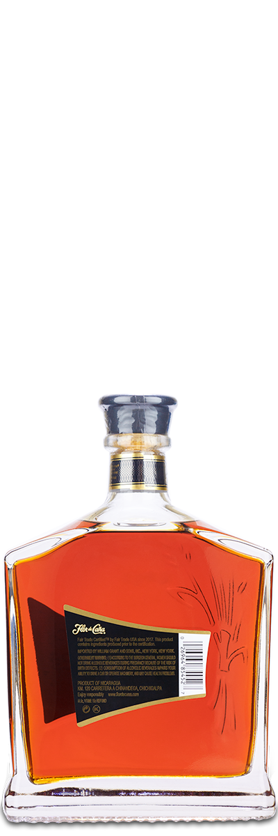 FlordeCana 25 Year Rum bottle, square with a black label and silver cap, set against a white background.