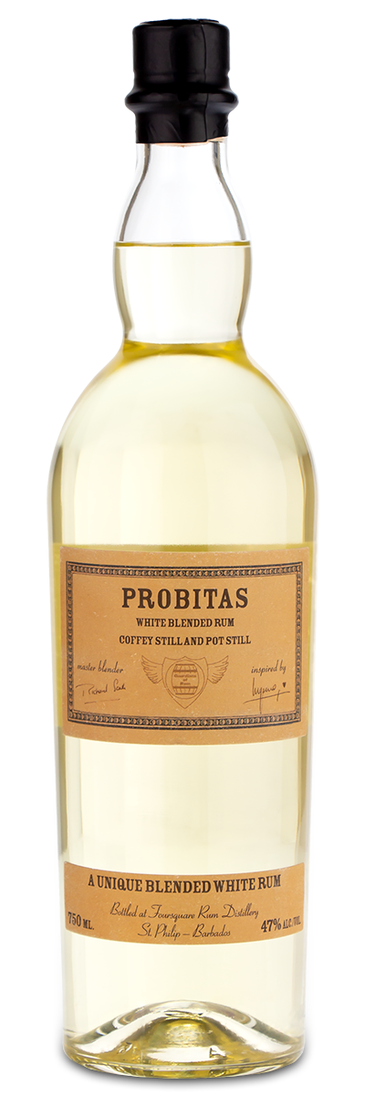 A clear glass bottle of Probitas White Blended Rum with a beige custom label and a black cap.