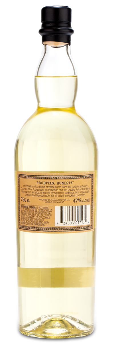 Clear bottle of Probitas White Blended Rum with a custom wine label and beige back label showing product details and barcode.