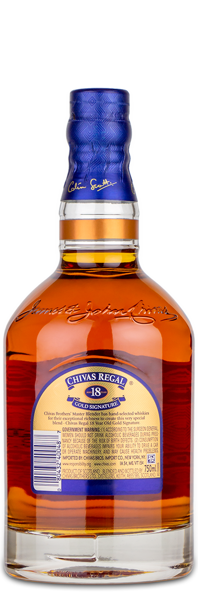 Chivas Regal 18 Year Gold Signature Scotch bottle with blue cap and visible back label.