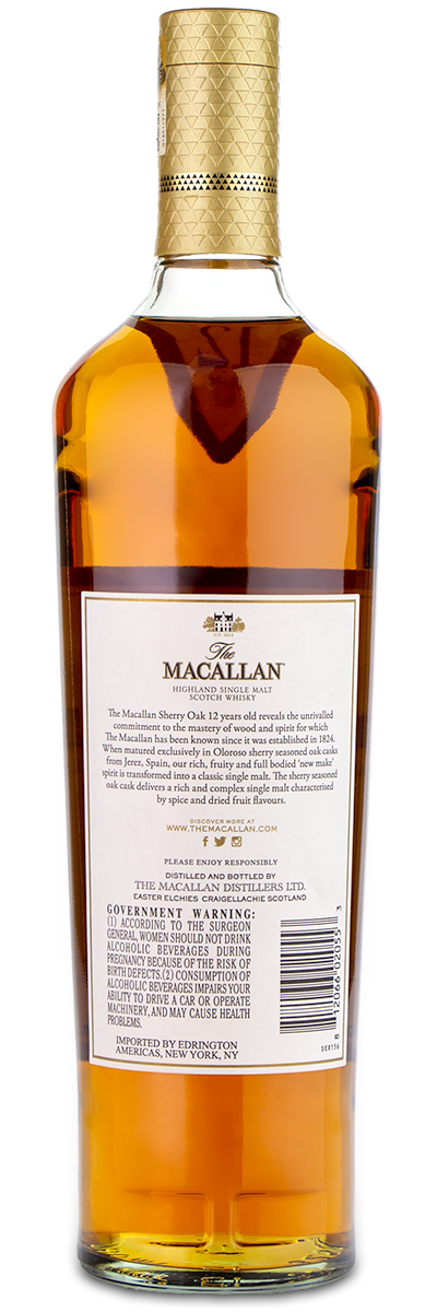 The Macallan Sherry Oak 12 Year Scotch bottle showing the back label with product details and warnings.