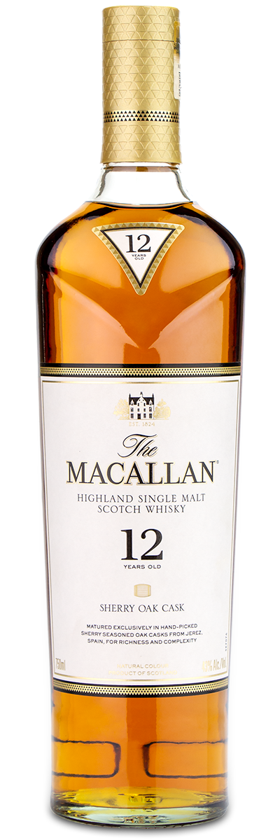 The Macallan Sherry Oak 12 Year Scotch bottle with a gold cap and white label.