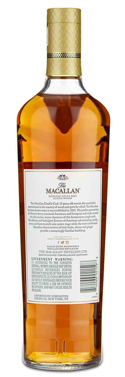 The Macallan 12 Year Double Cask Single Malt Scotch bottle with a gold cap and decorative back label.