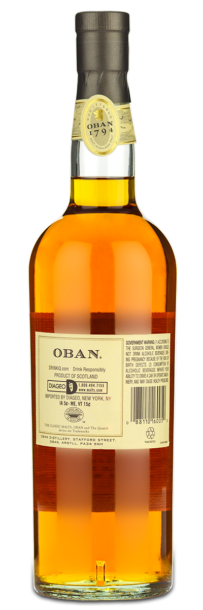 A bottle of Oban 14 Year Single Malt Scotch with a personalized wine label and government warning.