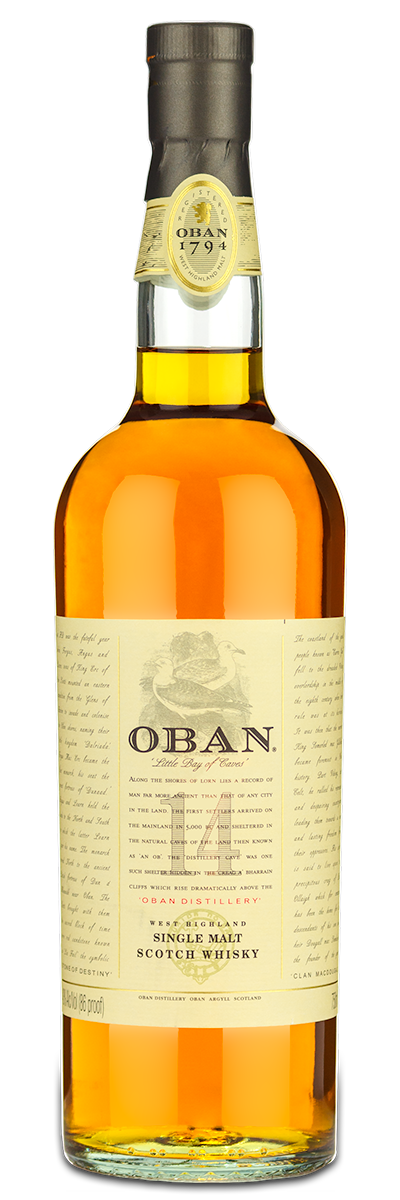 Oban 14 Year Single Malt Scotch by Oban, cream label, with a custom engraved gold seal on the neck.