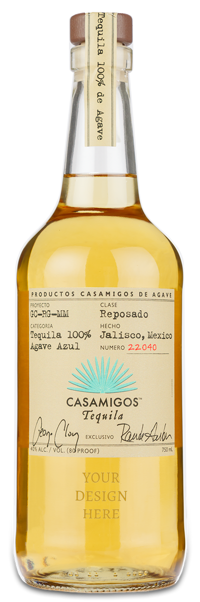 A Casamigos Tequila Reposado bottle with a custom wine label saying YOUR DESIGN HERE.