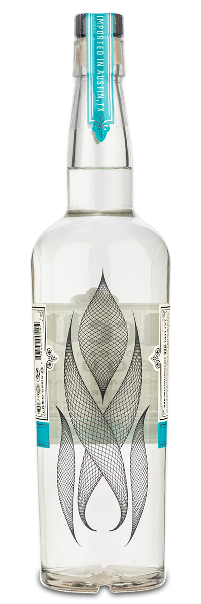 A clear bottle of Dulce Vida Blanco Tequila by dulcevida with a teal label and abstract black geometric design.