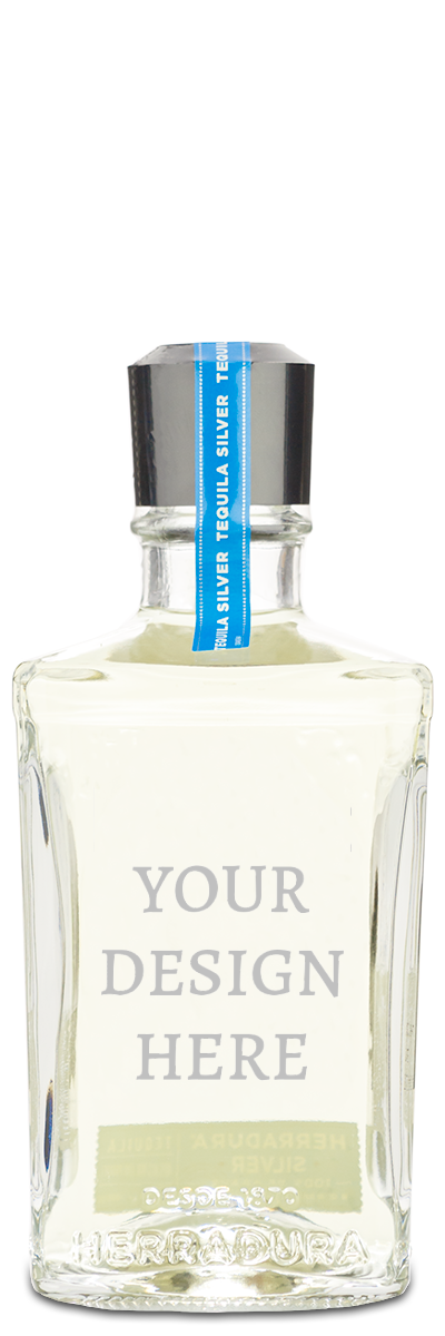 A clear glass Herradura Silver Tequila bottle with a black cap and label for your personalized wine label design.