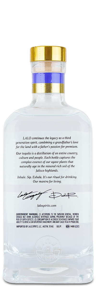Lalo Lalo Blanco Tequila in a clear glass bottle with blue and gold cap, custom engraved message on the back.