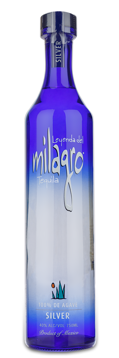 A blue 750ml Leyenda Milagro Silver Tequila, 40 ABV, 100 agave, with a custom engraved liquor label.