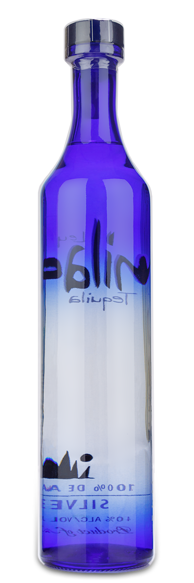 Tall, slender blue glass bottle of Leyenda Milagro Silver Tequila with a reflective silver cap and engraved label.