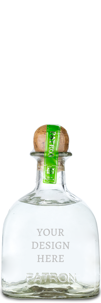 Clear Patrón Silver Tequila bottle with cork top, green label, and custom wine label showing YOUR DESIGN HERE.