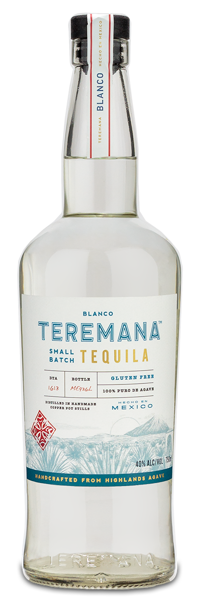 A clear bottle of Teremana Blanco Tequila with a blue and gold personalized wine label and sealed cap.