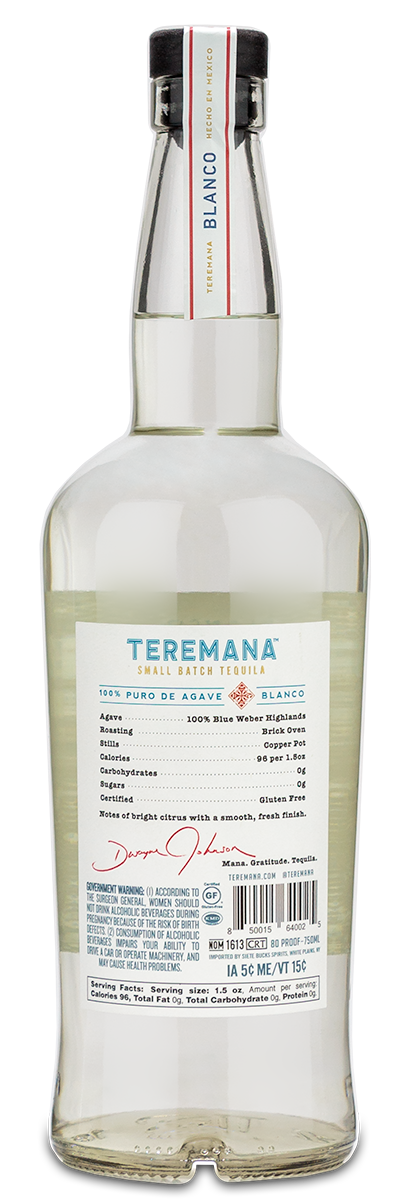 A clear Teremana Blanco Tequila bottle with a custom engraved label, blue accents, and the Teremana signature.