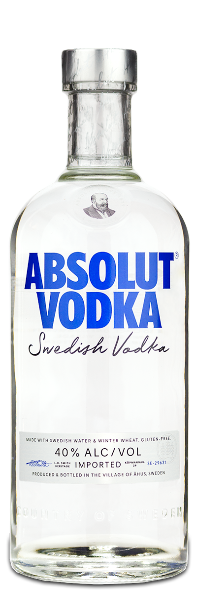 A clear absolut Absolut Vodka bottle with blue and black text, silver cap, and custom engraved liquor label.